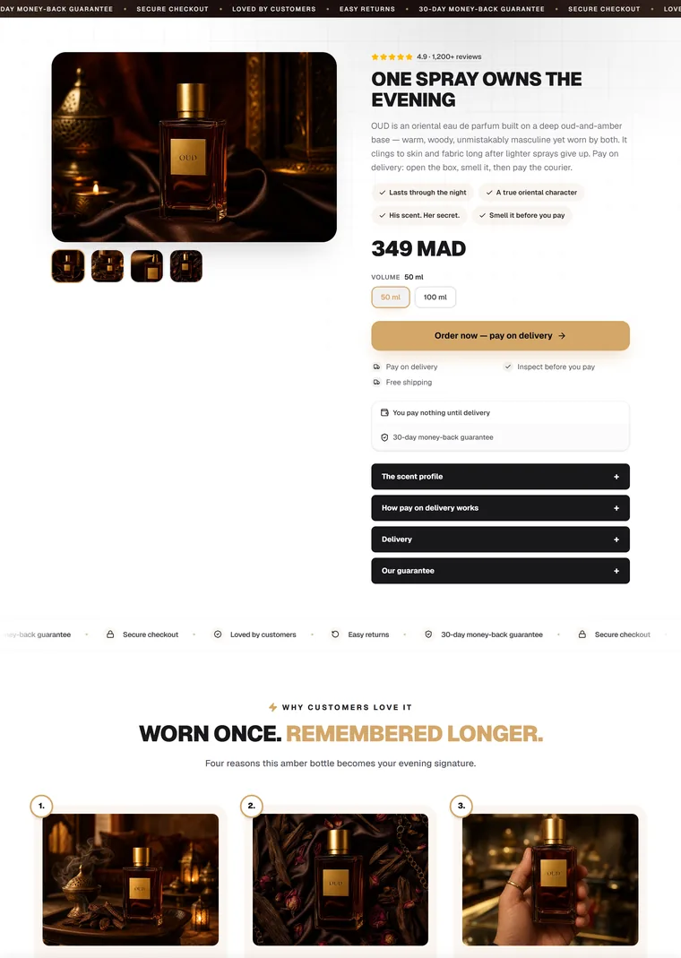 Luxury Oud Perfume — Cash on delivery landing page built with PageStrike