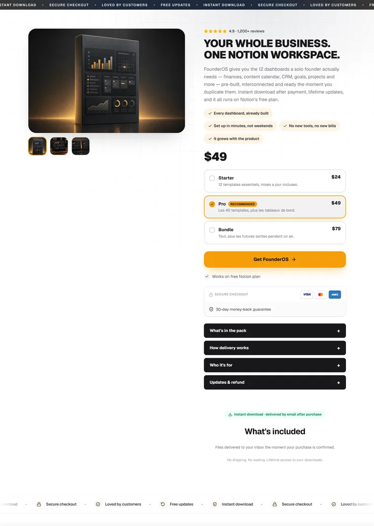 Notion Templates Pack — Sell a product landing page built with PageStrike