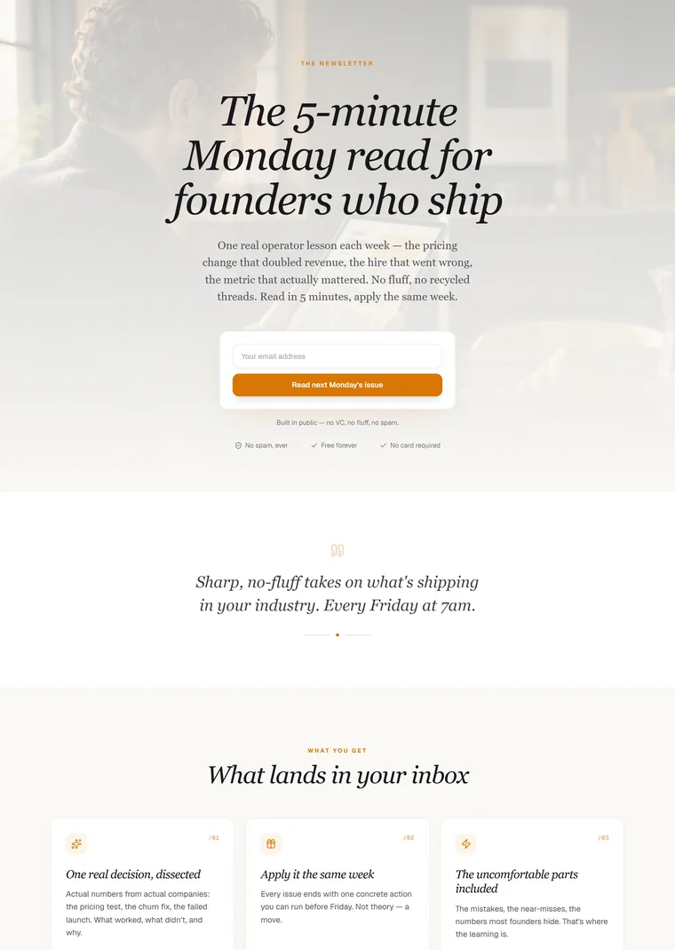 The Monday Founder — Collect emails landing page built with PageStrike